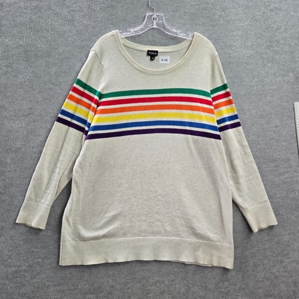 Torrid Women‎ Sweater 1 Cream Rainbow Stripe Tunic Taupe Lightweight Scoop Neck